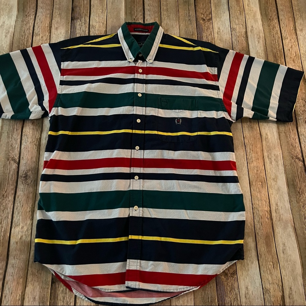 Vintage mens striped short sleeve casual button down shirt | size Large